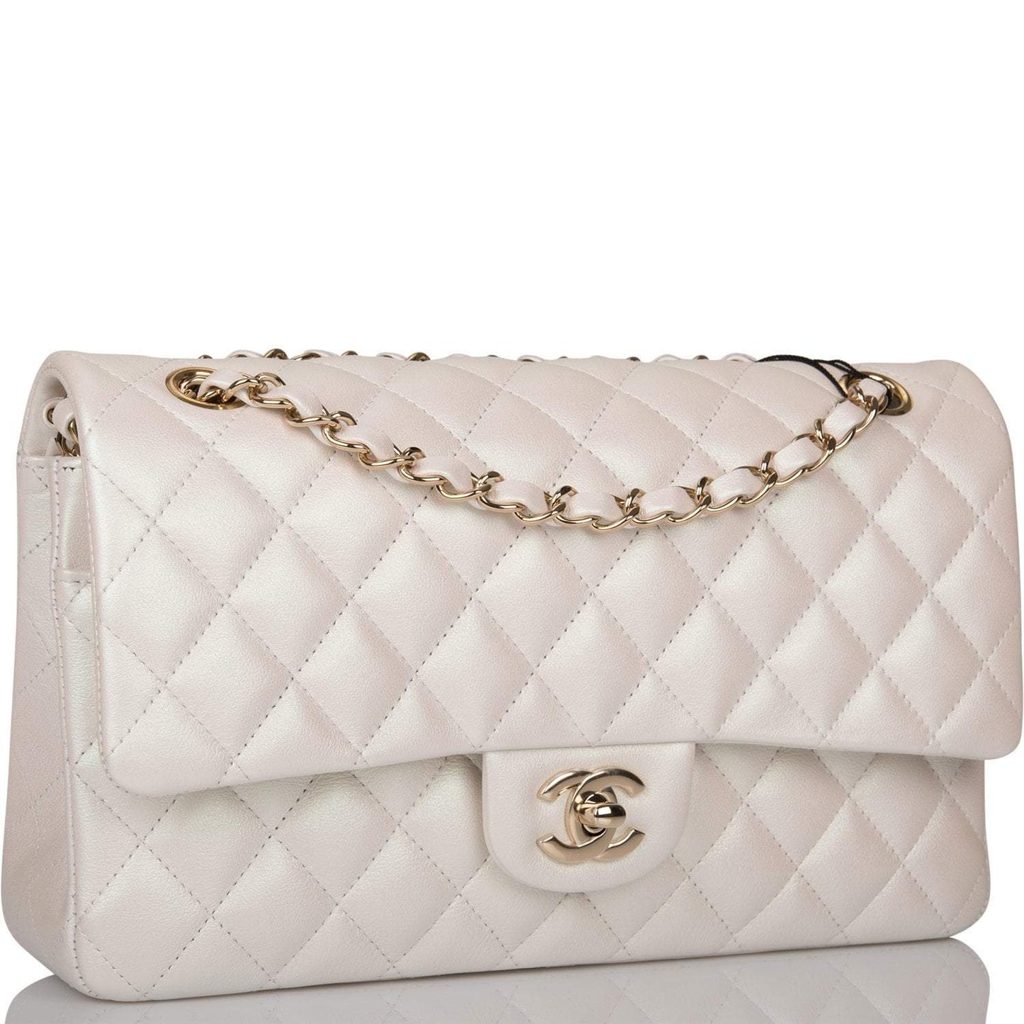 Chanel White Iridescent Quilted Lambskin Medium Classic Double Flap Bag Light Gold Hardware
