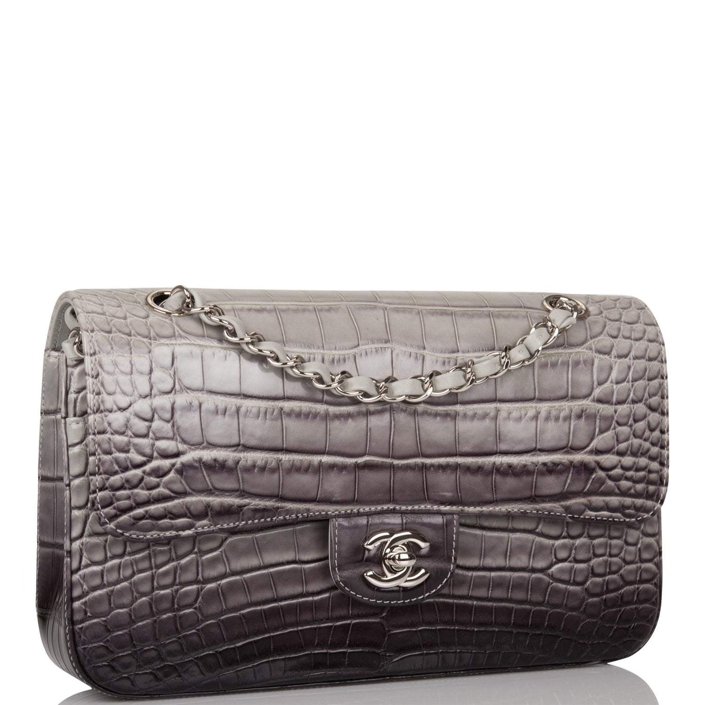 Chanel Ombre Grey Matte Alligator Medium Classic Double Flap Bag Silver Hardware