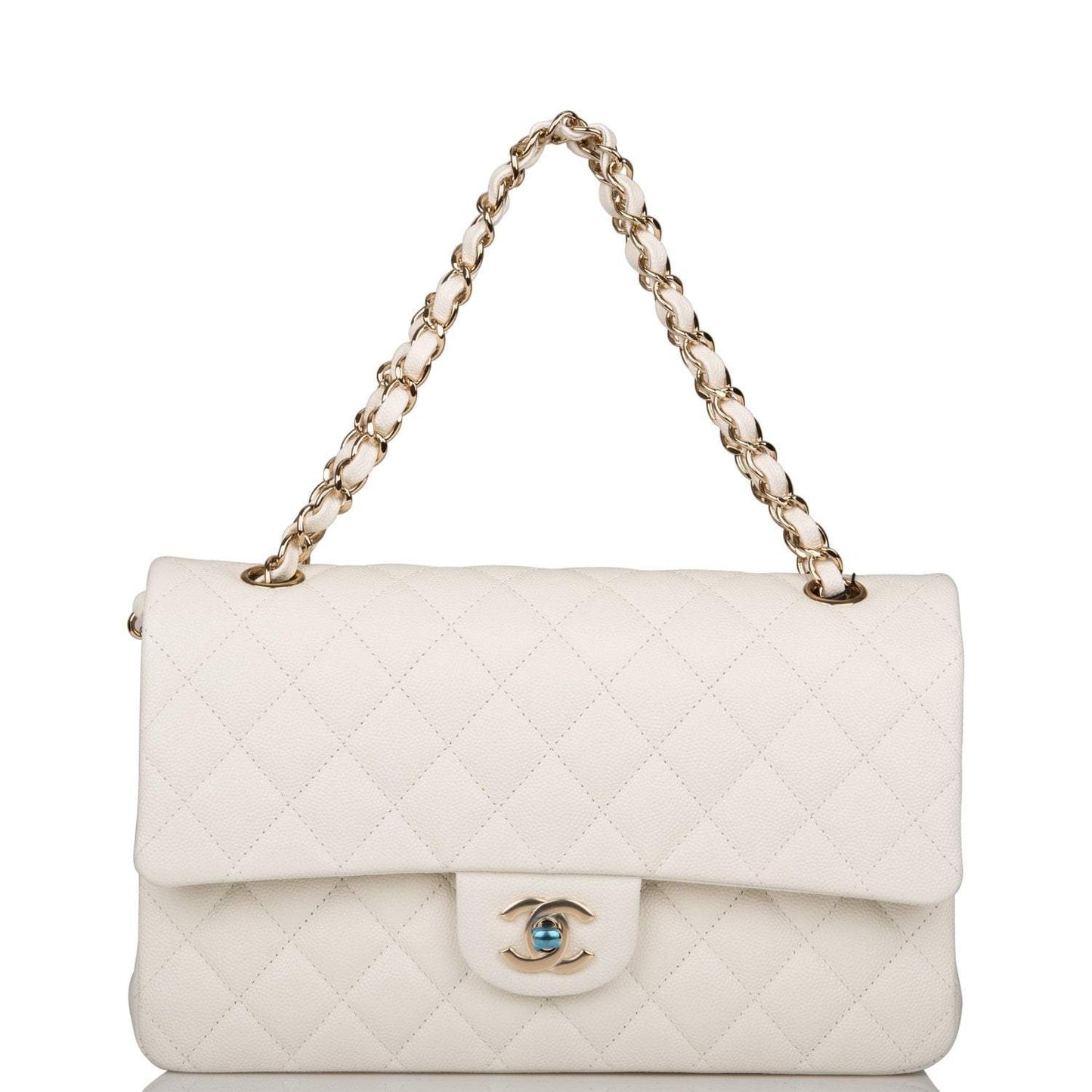 Chanel White Quilted Caviar Medium Classic Double Flap Bag Light Gold Hardware