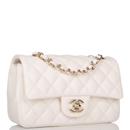 Chanel White Quilted Lambskin Rectangular Mini Classic Flap Bag Light Gold Hardware