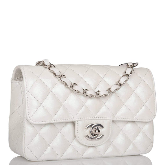 Chanel Mini Rectangular Flap Bag White Iridescent Lambskin Silver Hardware