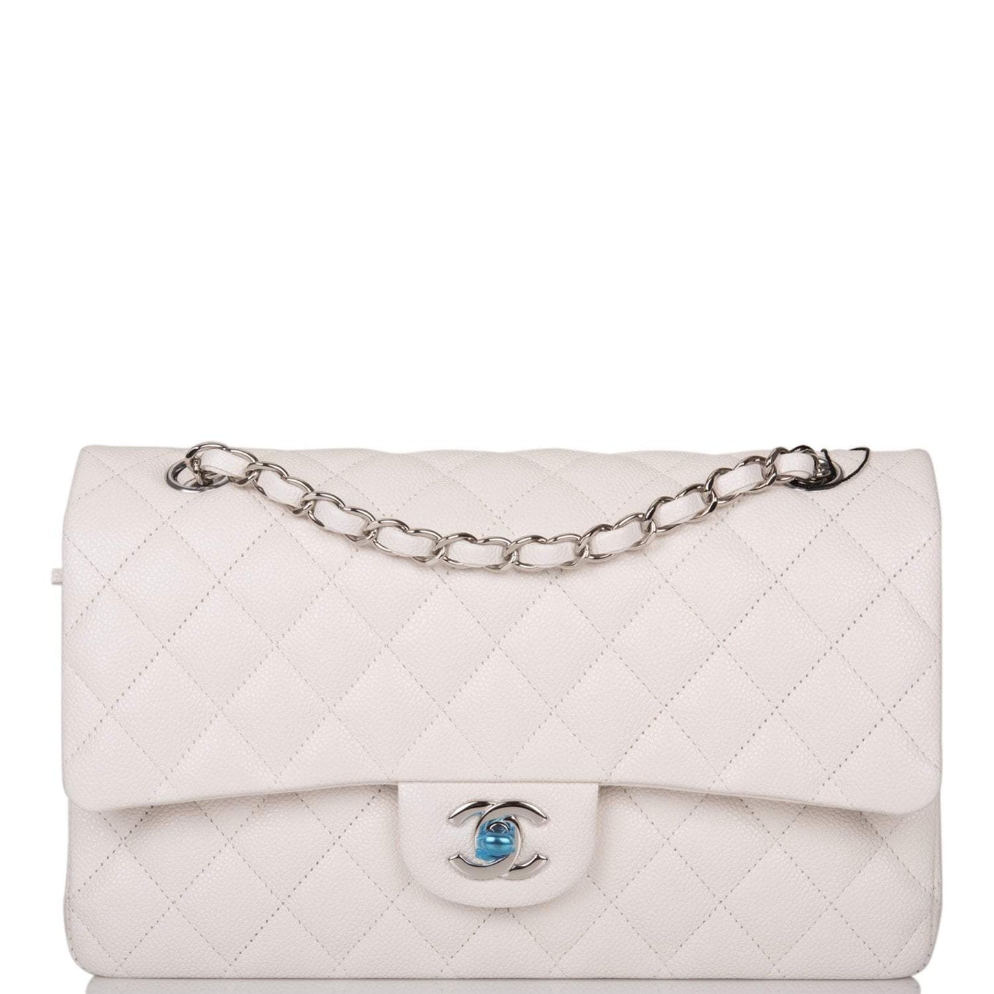 Chanel White Quilted Caviar Medium Classic Double Flap Bag Silver Hardware