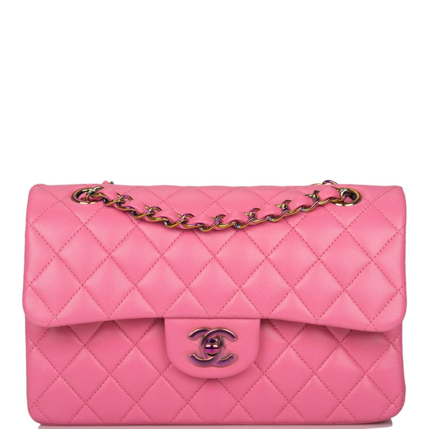 Chanel Pink Quilted Lambskin Small Classic Double Flap Bag Rainbow Hardware