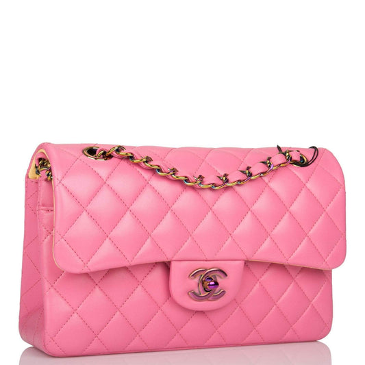 Chanel Pink Quilted Lambskin Small Classic Double Flap Bag Rainbow Hardware