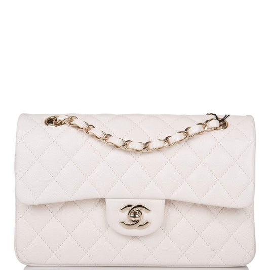 Chanel White Quilted Caviar Small Classic Double Flap Bag Light Gold Hardware