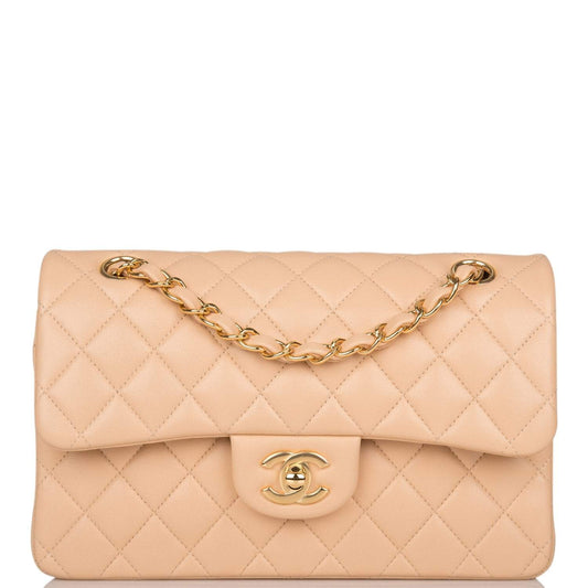 Chanel Small Classic Double Flap Bag Beige Lambskin Gold Hardware