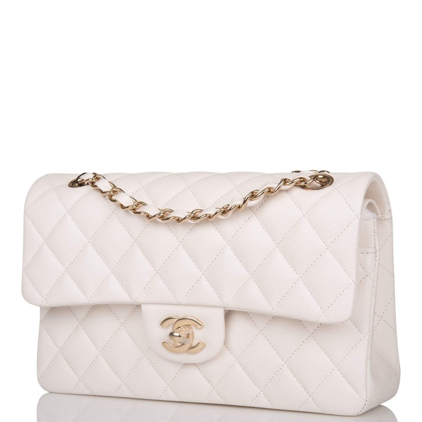 Chanel Small Classic Double Flap White Caviar Light Gold Hardware