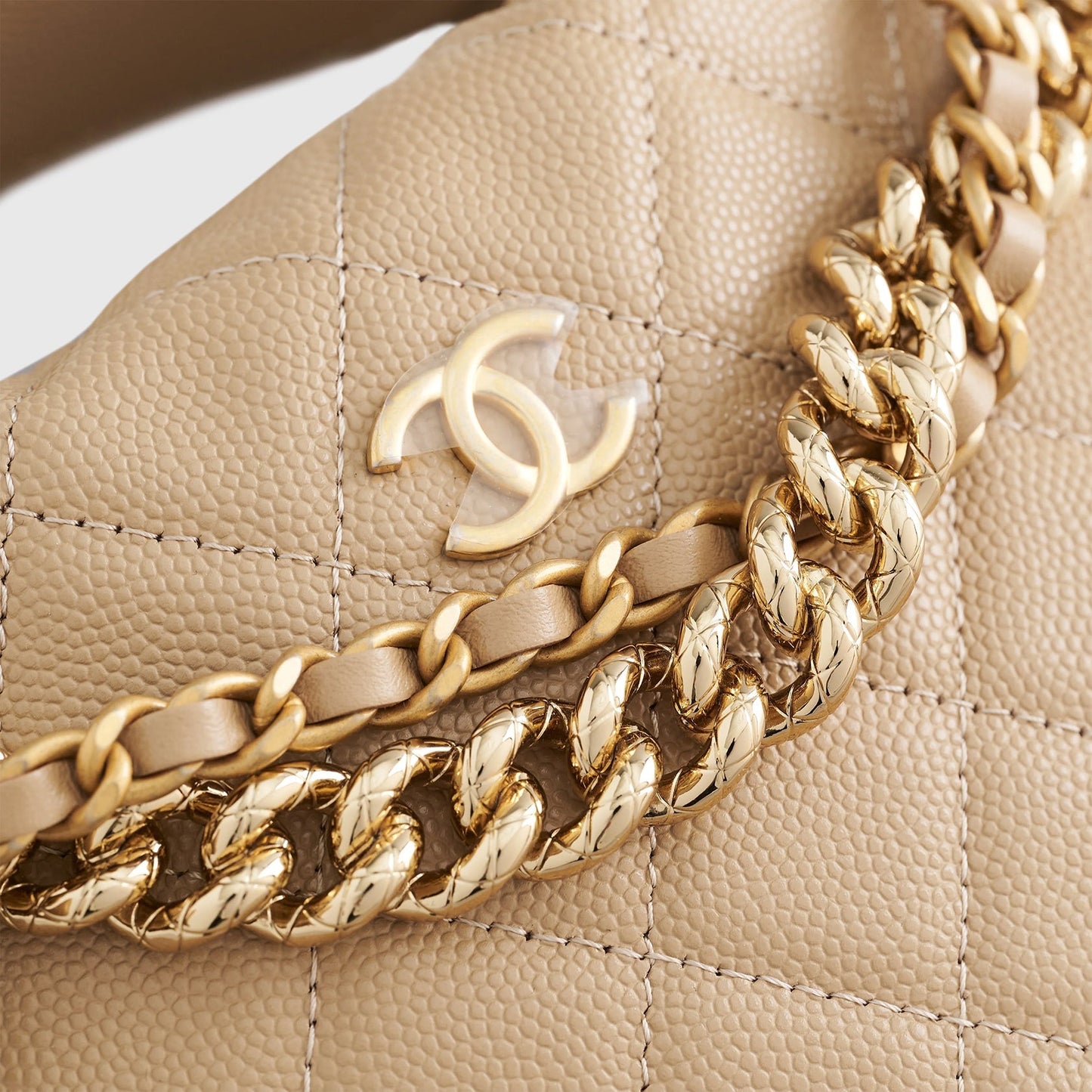 Chanel Quilted Circle Pouch Bag Beige w/ Chain Gold Hardware