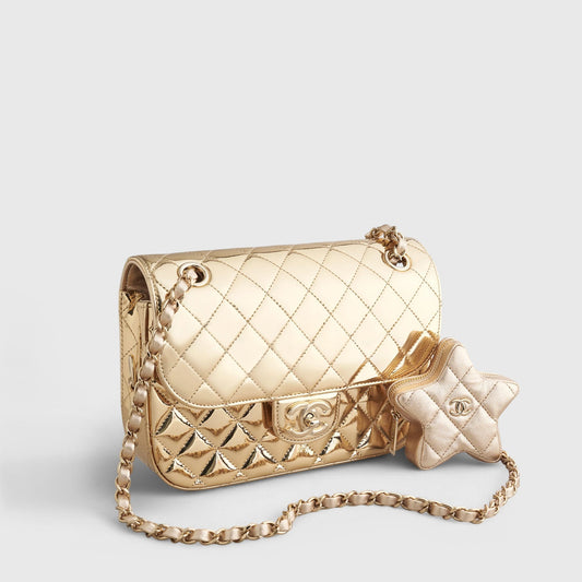 Chanel Quilted Flapbag Star Coin Small 7 Calfskin Metallic Gold w/ Chain Gold Hardware