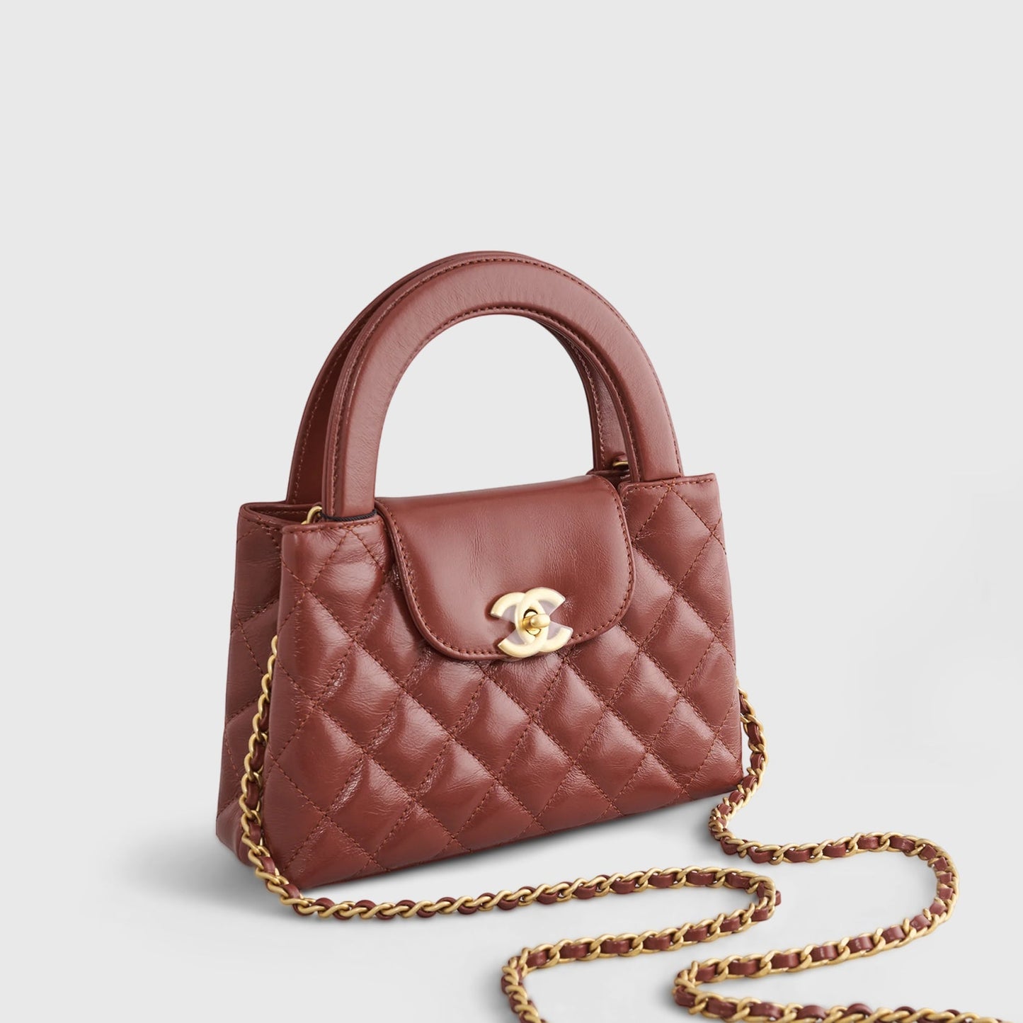 Chanel Shopping Bag Mini Shiny Calfskin Brown Gold Hardware