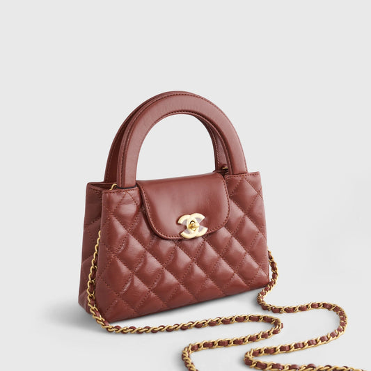 Chanel Shopping Bag Mini Shiny Calfskin Brown Gold Hardware