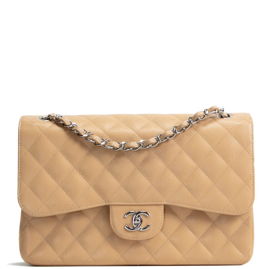 CHANEL Classic Jumbo Double Flap Quilted Caviar - Beige
