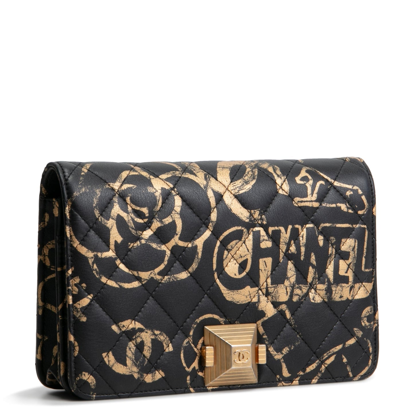 CHANEL Calfskin Quilted Paris-New York Graffiti Pyramid Wallet on Chain- Black