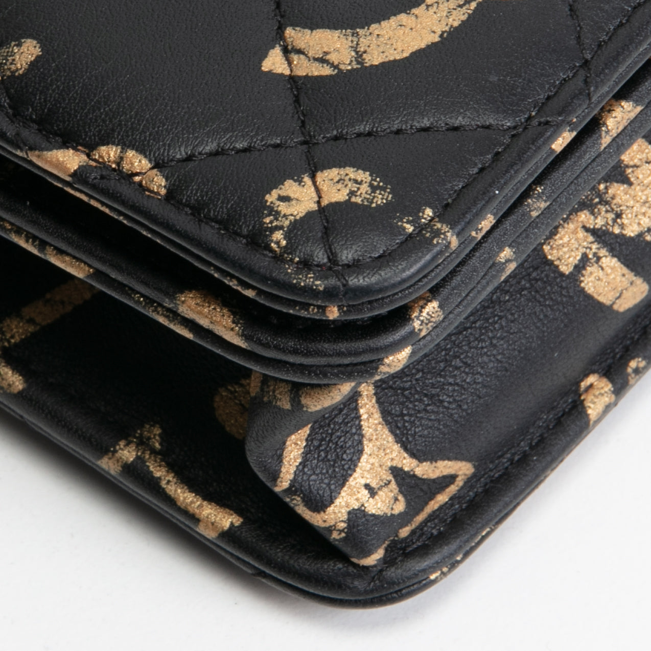 CHANEL Calfskin Quilted Paris-New York Graffiti Pyramid Wallet on Chain- Black