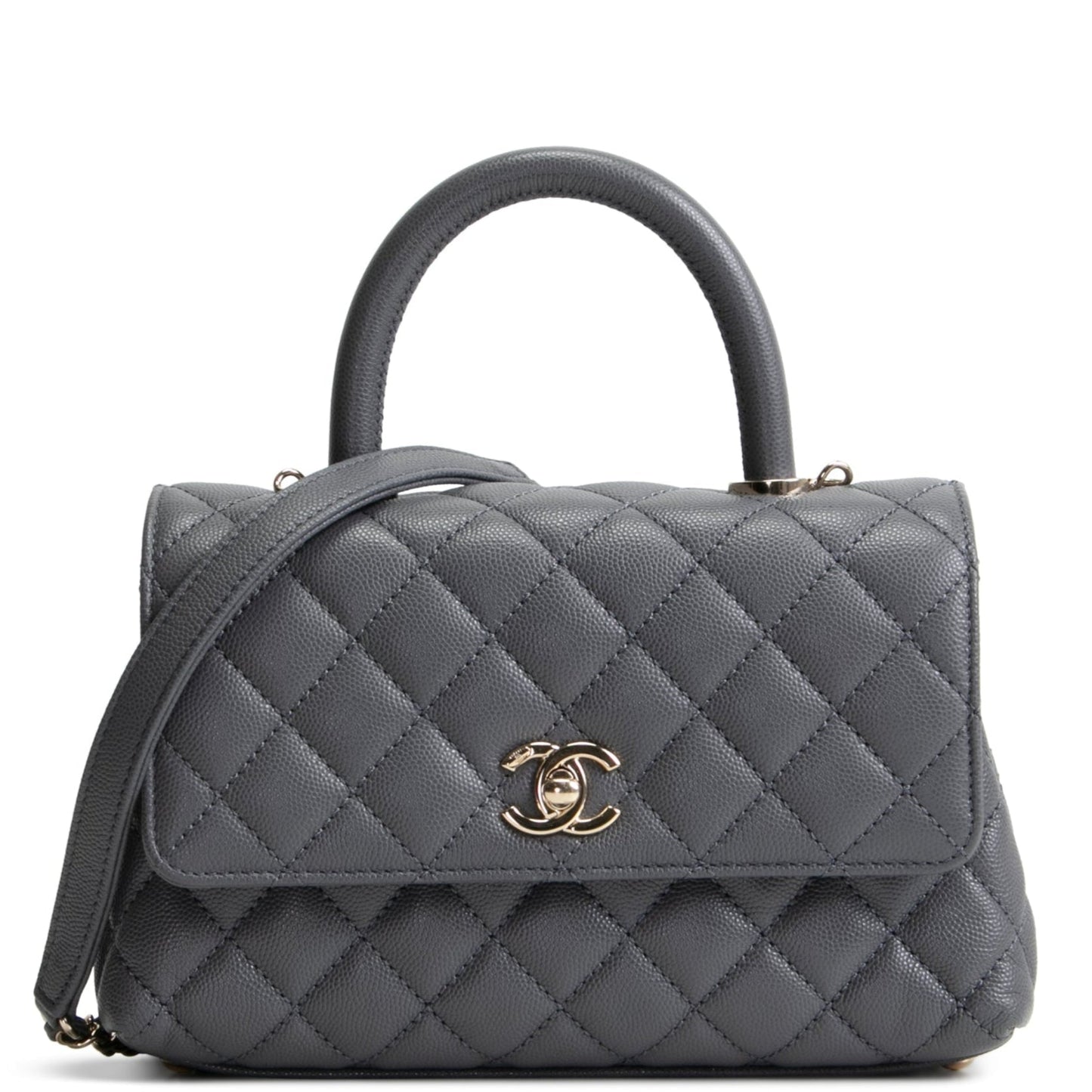 CHANEL Coco Handle Mini Flap Bag Quilted Caviar- Grey