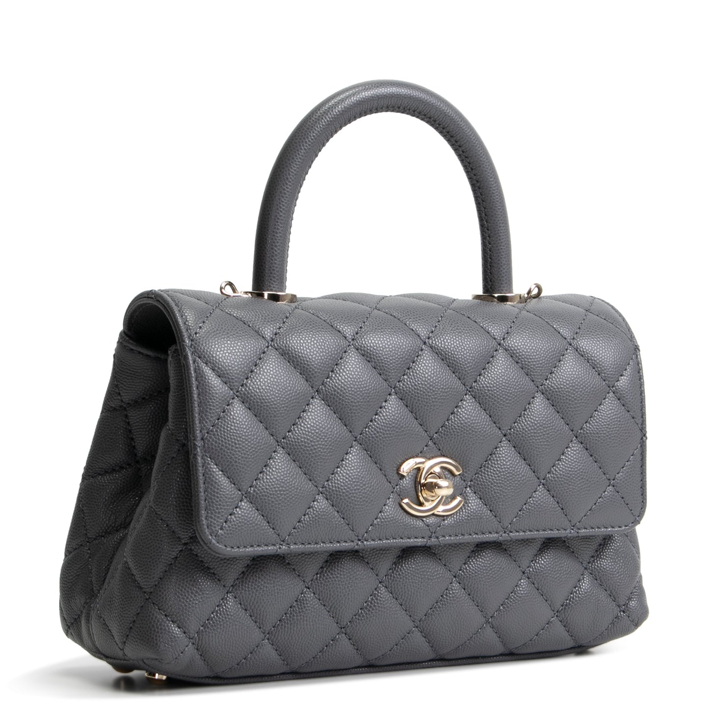 CHANEL Coco Handle Mini Flap Bag Quilted Caviar- Grey