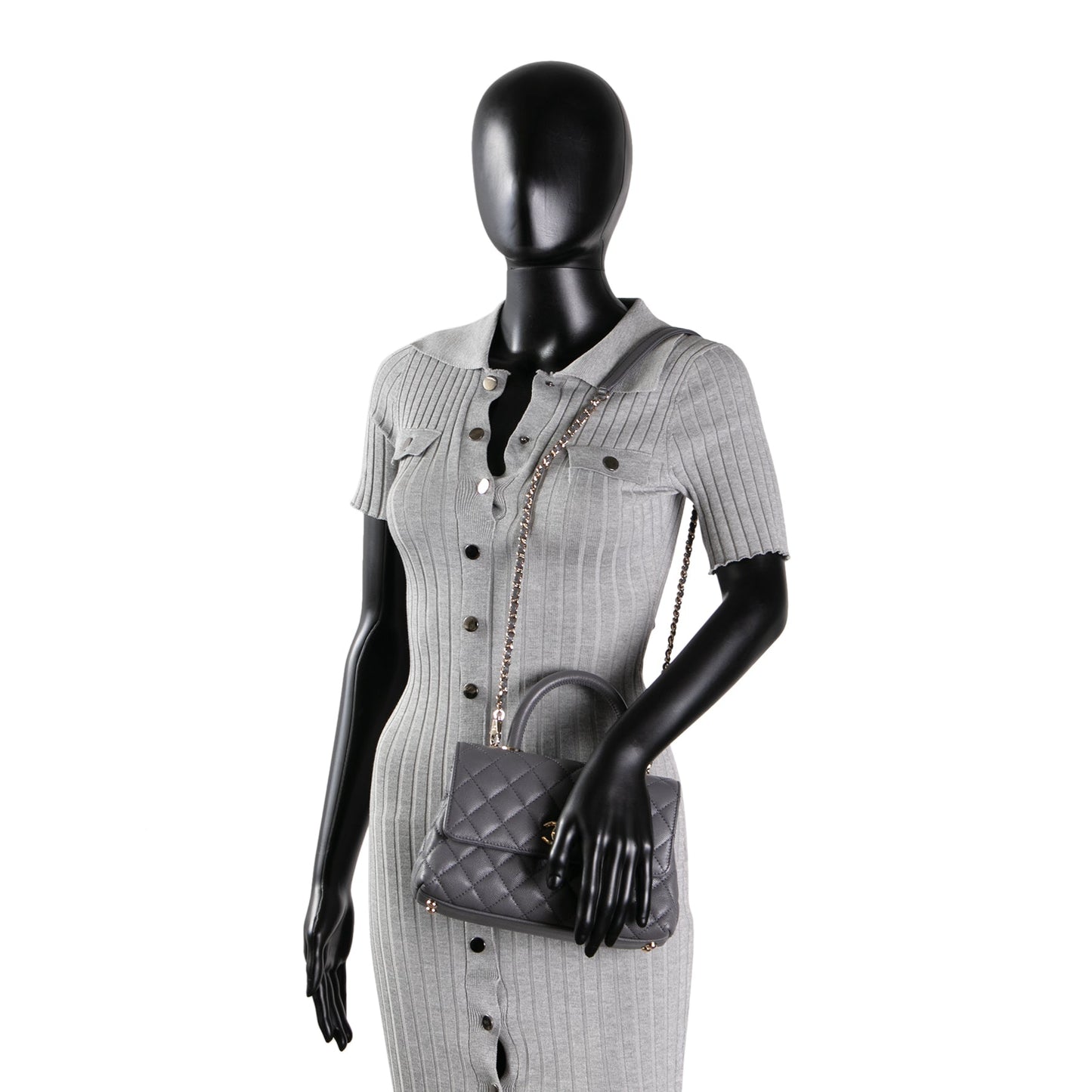 CHANEL Coco Handle Mini Flap Bag Quilted Caviar- Grey