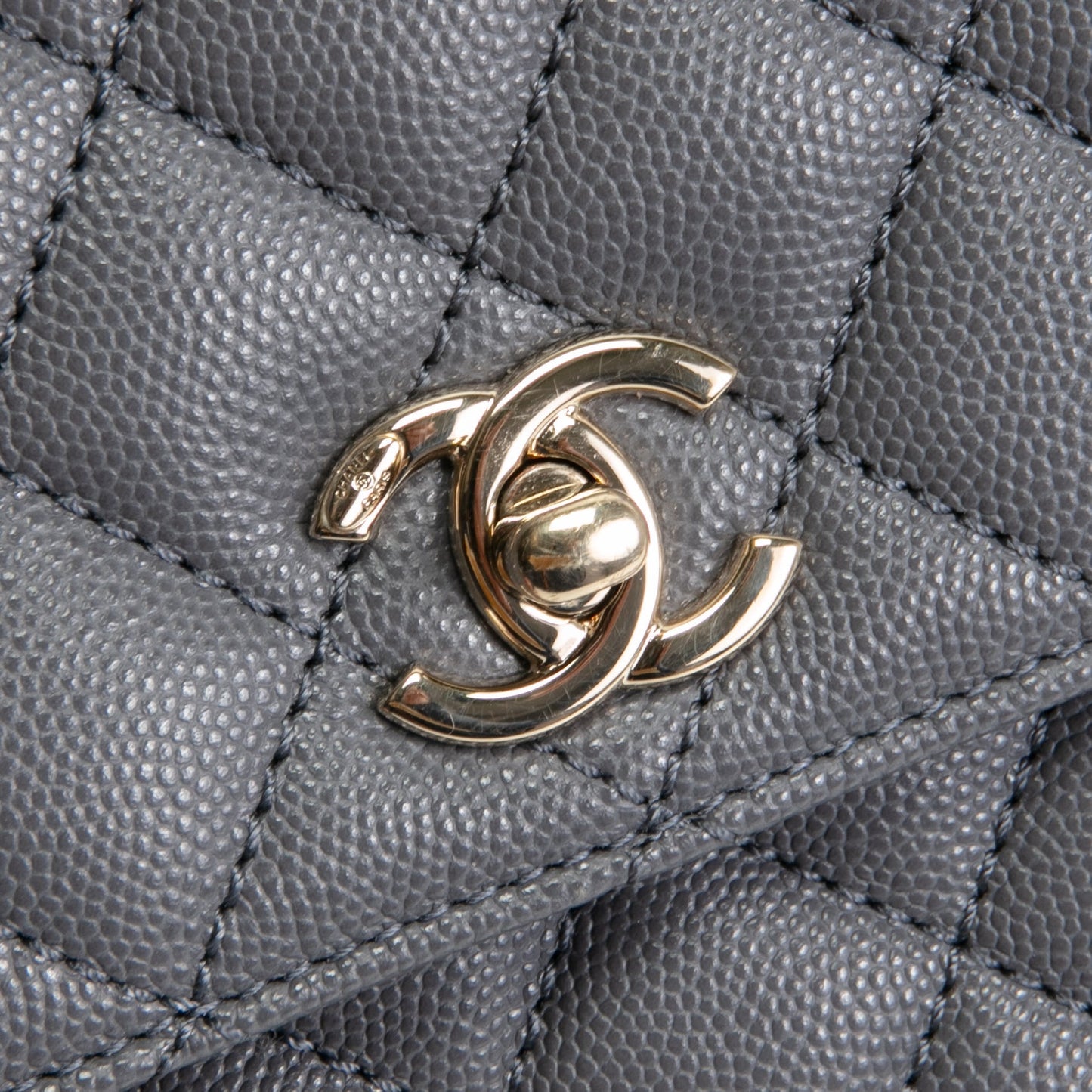 CHANEL Coco Handle Mini Flap Bag Quilted Caviar- Grey