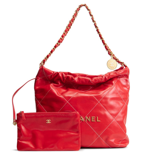 CHANEL 22 Shiny Quilted Calfskin Small Hobo - Red