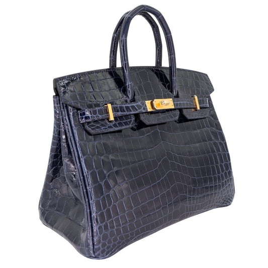 Hermès 25cm Birkin Bleu Baltique Shiny Niloticus Gold Hardware