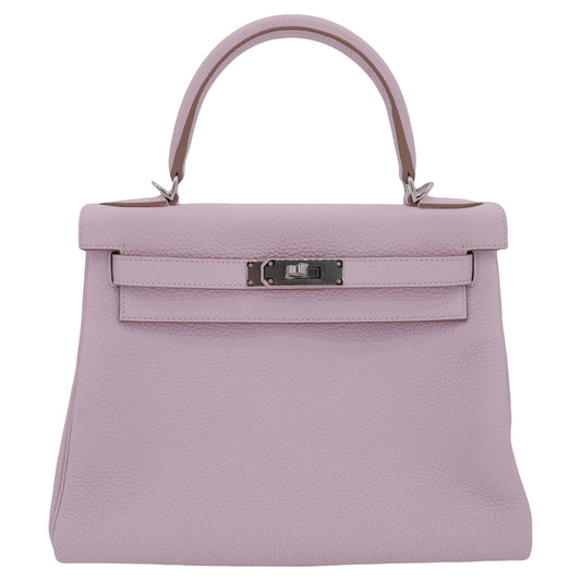 Hermès 28cm Kelly Retourne Mauve Pale Clemence Leather Palladium Hardware