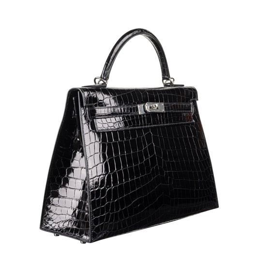 Hermès 32cm Kelly Black Shiny Niloticus Palladium Hardware