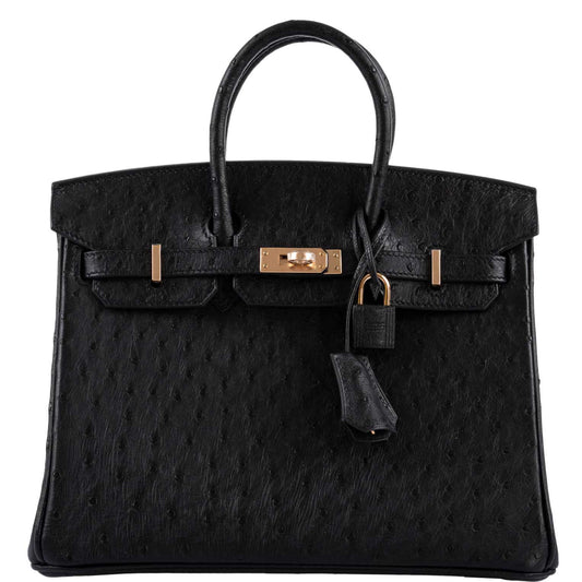 Hermes Birkin 25 Black Ostrich Rose Gold Hardware