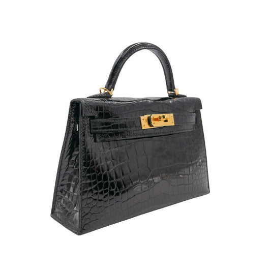 Hermès Kelly II Sellier Mini Black Shiny Crocodile Gold Hardware
