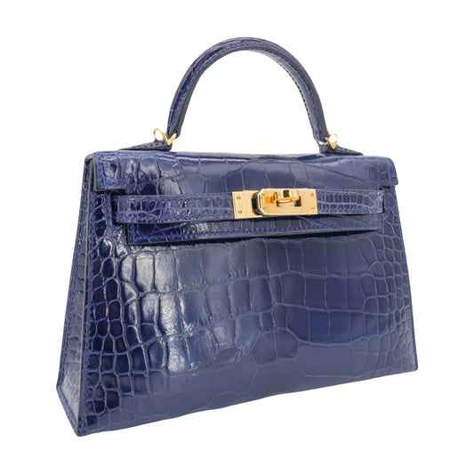 Hermès Kelly II Sellier Mini Bleu Saphir Shiny Alligator Gold Hardware