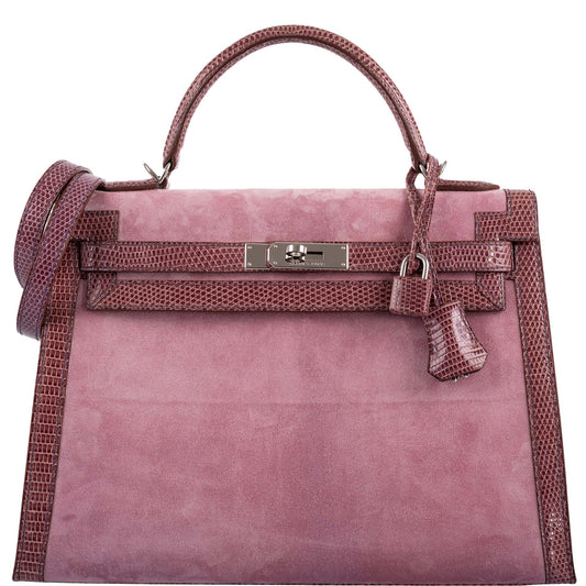 Hermes Unique HSS Kelly 32 Sellier Rose Indienne Doblis Suede & Mauve Lizard with Palladium Hardware - 2012, N Square