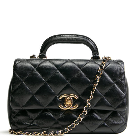 CHANEL Quilted Crinkled Leather Coco Top Handle Flap Bag - Black