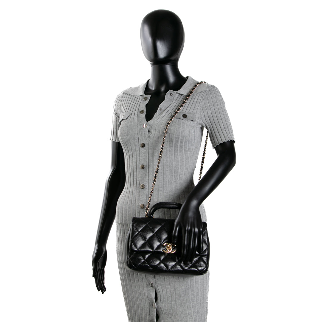 CHANEL Quilted Crinkled Leather Coco Top Handle Flap Bag - Black