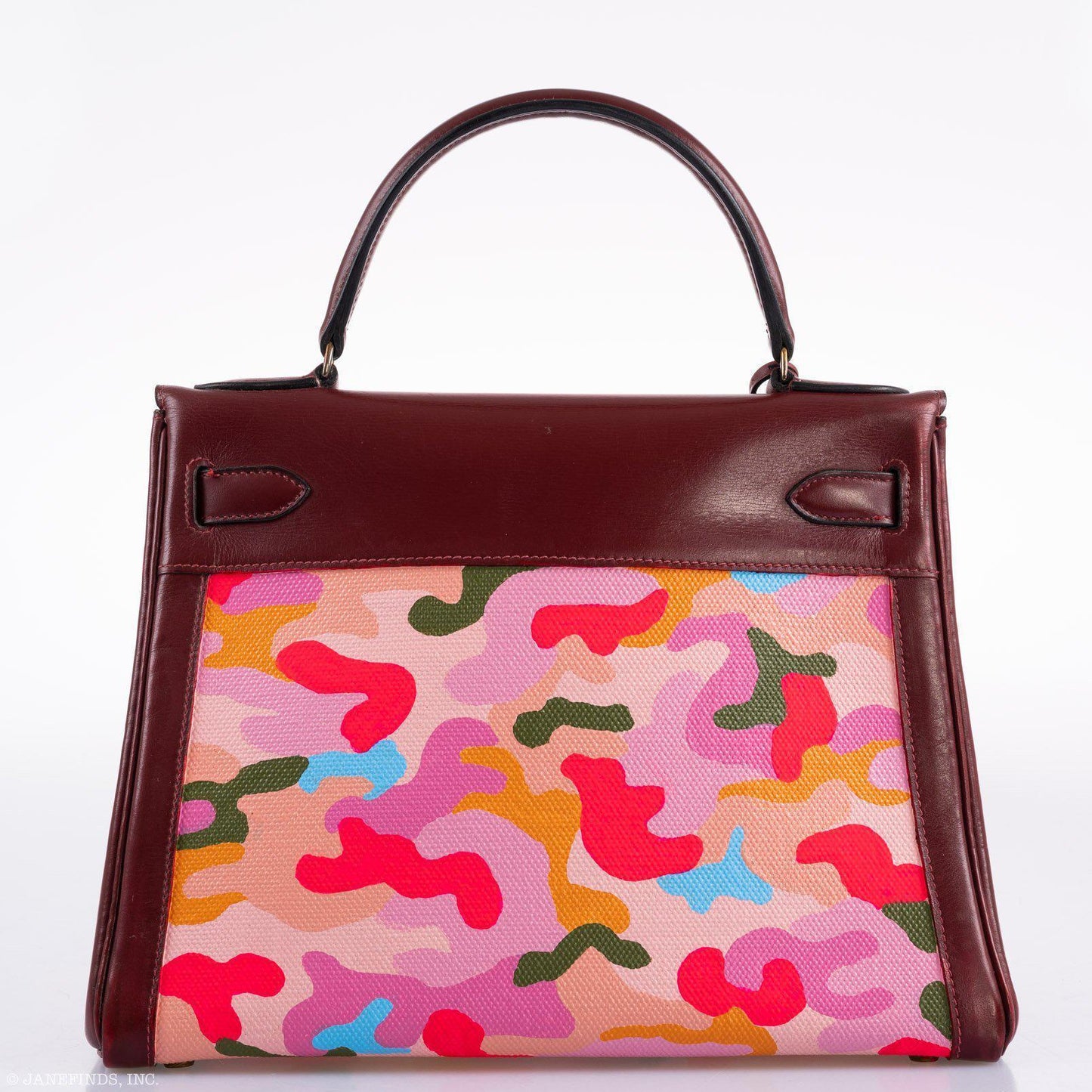 Vintage Hermes Kelly 28 Retourne Rouge H Calf Box & Toile Camouflage Painting